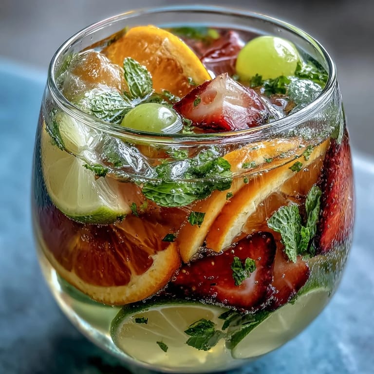 Lebendiger Spring Sangria Mocktail mit weißen Trauben, Zitrusfrüchten und frischer Minze