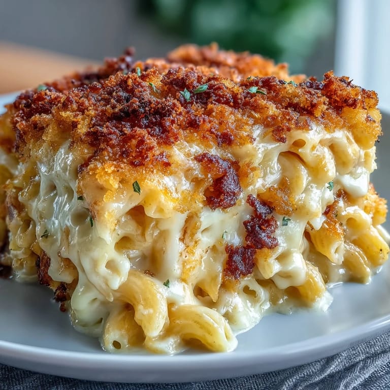 Gebackene Makkaroni mit knuspriger Paniermehlhaube und geschmolzenem Käse.
