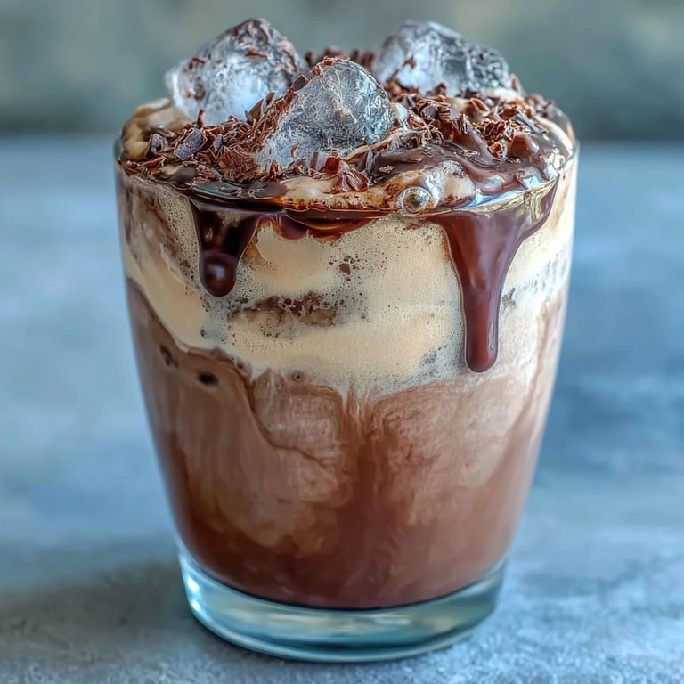 3. Kalter Kaffee mit cremiger Schokoladensoße und luftiger Schokoladencreme, garniert mit Schokostreuseln.