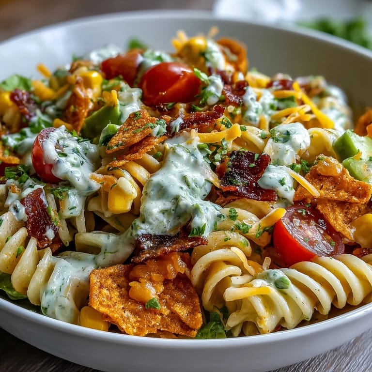 Pasta-Salat mit Taco-Geschmack, Doritos und cremigem Avocado Ranch Dressing