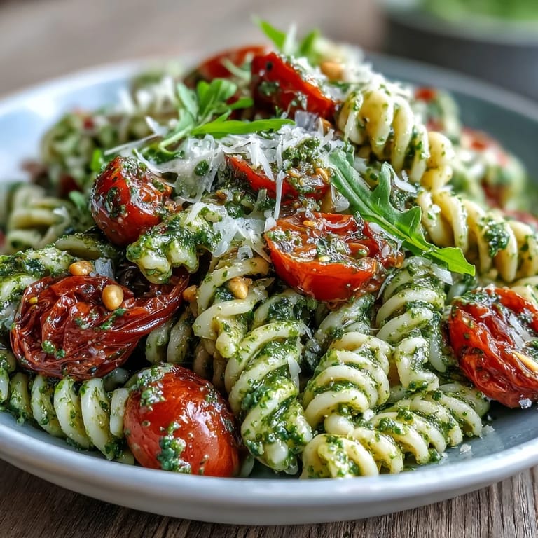 Farbenfroher Nudelsalat mit Basilikumpesto, Kirschtomaten und Rucola – ideal für Picknicks und leichte Mahlzeiten.