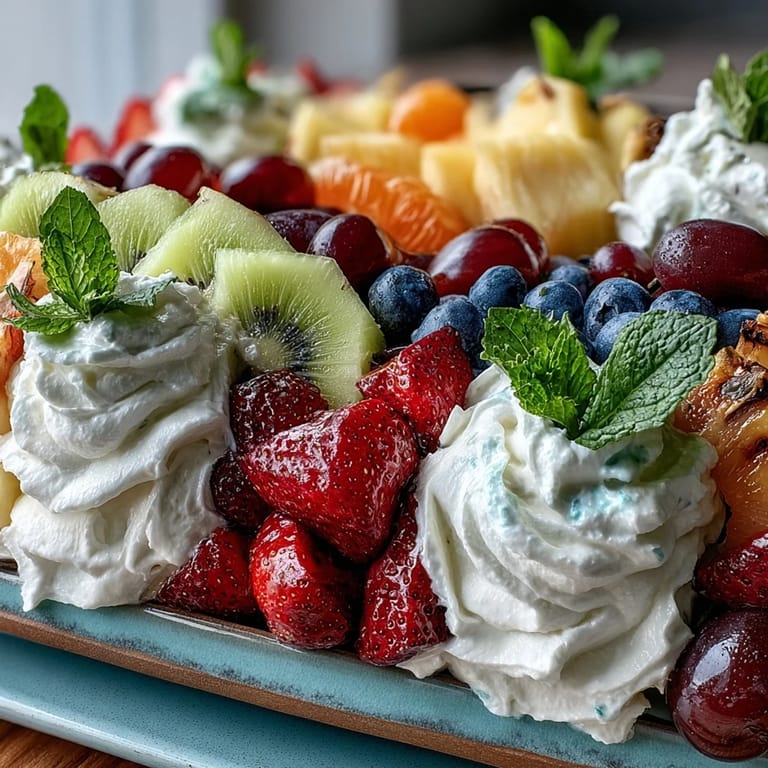 3. Festlicher Obst-Teller mit Kokos-Topping: Eine leuchtende Anordnung von Früchten, garniert mit süßer Kokos-Sahne und Minze.