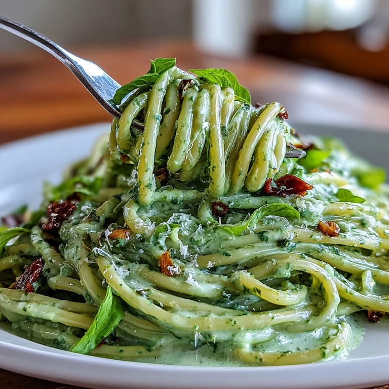 Visuell ansprechende Avocado-Pesto-Pasta, perfekt für ein schnelles, gesundes Mittagessen.