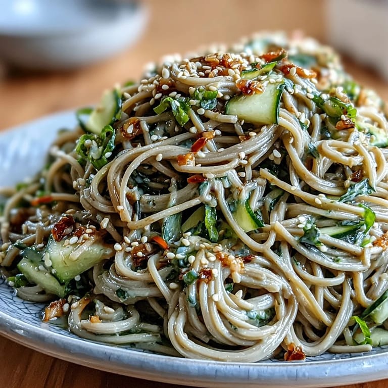 Ein bunter Soba-Nudelsalat mit herzhaftem Dressing, köstlich als Beilage oder leichtes Hauptgericht.