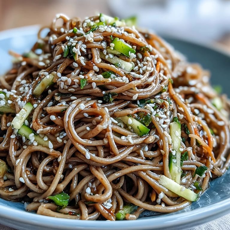 Genießen Sie diesen Soba-Nudelsalat mit sesamiger Ingwer-Note, eine belebende Hauptspeise.