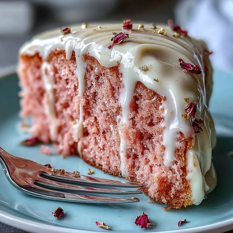 Zarter Rosé-Velvet-Kuchen mit Goldtropfen, dekoriert mit glänzendem Goldlack für festliche Anlässe.