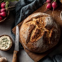 Ein Rustic Bavarian Bread mit Radish Butter auf einem Tisch.