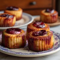 Ein Platter mit sechs Marzipan-Stuffed Plum Cakes auf einem Tisch.