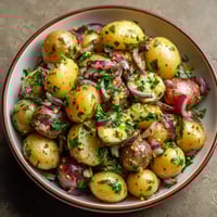 Ein Warmes Kartoffelsalat mit Dressing aus Senf und Dill.