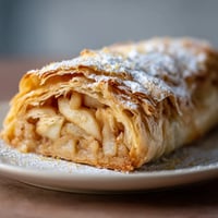 Ein Strudel mit Früchten und Zitrusfrüchten auf einem Teller.