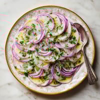Ein goldenes Plateau mit einer Kohlrabi-Carpaccio-Zubereitung, die mit Zitronen-Dressing serviert wird.