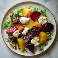 Ein Salat aus roasteten Beeten und Käse auf einem weißen Teller.