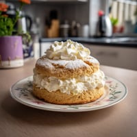 Ein Teller mit einem Elderflower Shortcake, der mit Sahne und Zucker garniert ist.