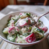 Ein weißer Teller mit einer Salat aus Radish & Cucumber Yogurt Salad.