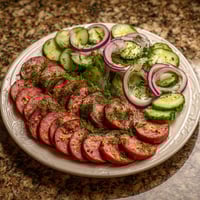 Ein weißer Teller mit saurem Käse, Zwiebeln und Kartoffeln.