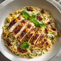 A plate of food with chicken and noodles.