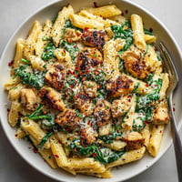 A bowl of pasta with chicken and spinach.