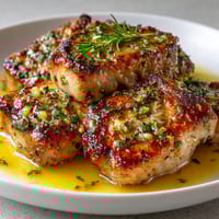 A plate of meat with herbs on top.