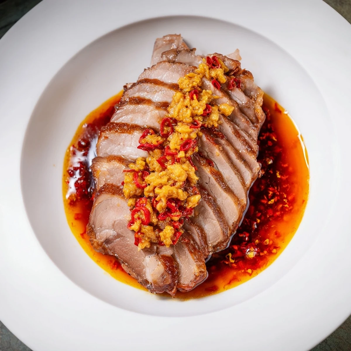 Juicy Bavarian roast pork, expertly sliced, glistening with chili-ginger sauce, ready to serve.