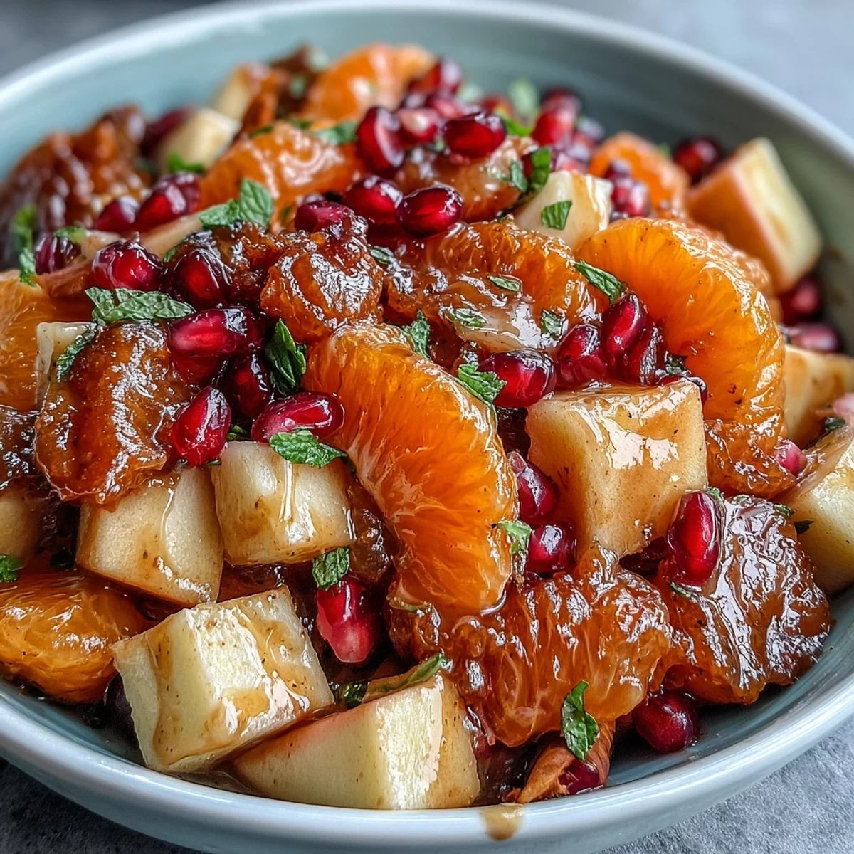 Vibrant Winter Fruit Salad with Cinnamon Vanilla Dressing in a white bowl, featuring pomegranate seeds and mandarin slices.