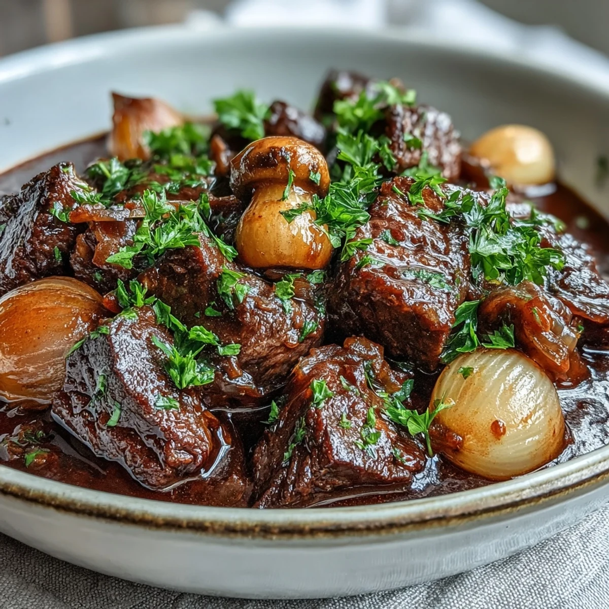 Wild Mushroom Beef Bourguignon mit saftigem Rindfleisch, Perlzwiebeln und aromatischem Pilzragout im Topf.