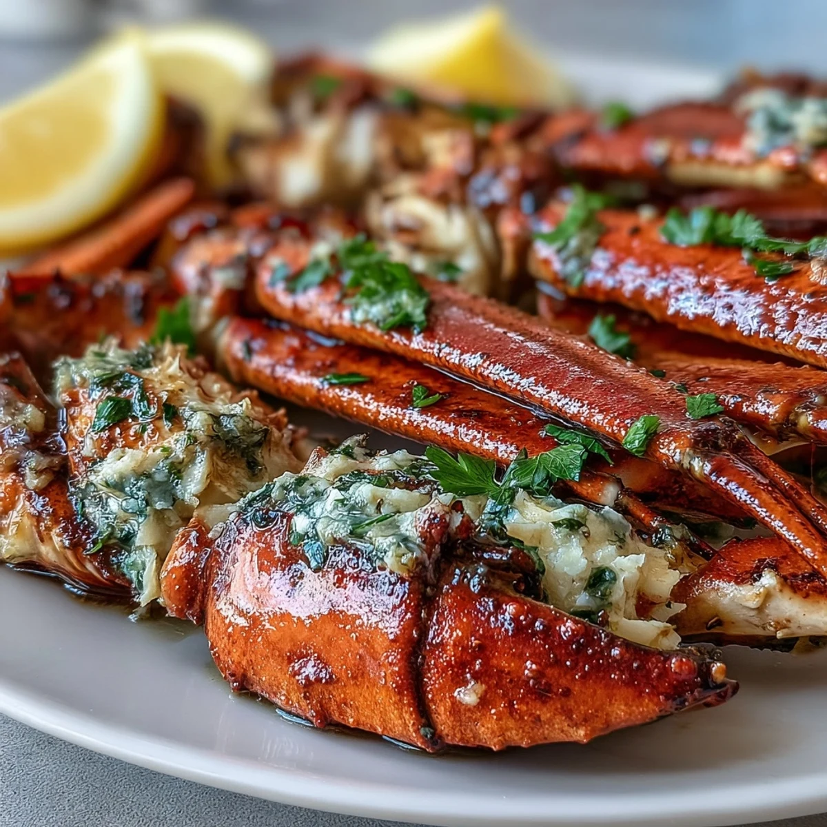 Gekochte Keto Garlic Butter Crab Legs mit frischen Zitronenkeulen auf einem Teller.  