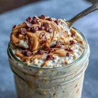 Schüssel mit cremigen Overnight Oats, durchzogen von Erdnussbutter und bestreut mit Schokoladenstückchen, bereit für ein nahrhaftes Frühstück.