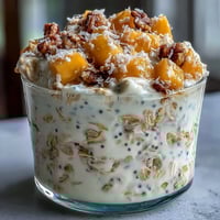 Creamy Overnight Oats mit Mango und Kokosnuss, garniert mit frischen Mangostücken und gerösteter Kokosnuss.