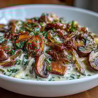 Kremige Zwiebel-Pilz-Stroganoff mit Eiernudeln in einer rustikalen Schüssel, mit frischer Petersilie garniert.