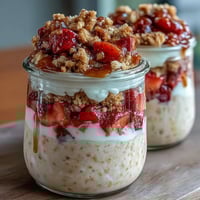 1. Erdbeer-Käsekuchen-Overnight-Oats mit Graham-Crumble: Cremige Haferflocken mit Frischkäse, frischen Erdbeeren und knusprigem Graham-Cracker-Topping.