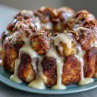 Festlicher King Cake Pull-Apart Monkey Bread mit bunten Streuseln und cremigem Frischkäse-Frosting.