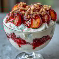 1. Fluffige Joghurt-Pfirsich-Melba-Cups mit gerösteten Mandeln: cremige Schichten aus griechischem Joghurt, süßen Pfirsichen, Himbeersauce und knusprigen Mandeln in einem erfrischenden Dessertglas.