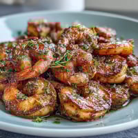 Helle, aromatische Schüssel mit Zitronen-Garlic-Garnelen über braunem Reis und knackigem Gemüse.  