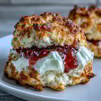 1. Warm goldene Scones mit cremiger Clotted Cream und süßem Fruchtaufstrich, perfekt für einen klassischen britischen Frühlings-Nachmittagstee.