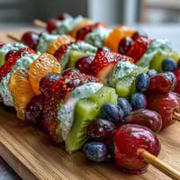 Bunte Obstspieße in Regenbogenfarben mit cremigem Honig-Limetten-Joghurt-Dip, perfekt für St. Patrick's Day.