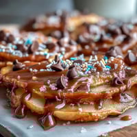 Knusprige Apfelscheiben mit klebrigem Karamell und Schokoladenstückchen, belegt mit Nüssen und bunten Streuseln.  