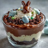 Oster-Hase-Schmutzbecher mit Schokoladenpudding und Oreos: Eine verspielte, no-bake Nachspeise mit Schichten aus reichhaltigem Schokoladenpudding, zerbröselten Oreos und festlichen Osterhasen-Dekorationen.