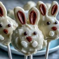 1. Süße Oster-Häschen Cake Pops mit cremiger weißer Schokoladenglasur und bunten Deko-Details.  