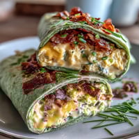 Frische, bunte Frühstücks-Wraps mit grünen Eiern, Schinken und Kräutern in einer Spinat-Tortilla.