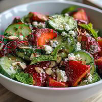 Köstlicher Salat aus knackigem Gurke und süßen Erdbeeren mit frischem Minze, perfekt für den Frühling und erfrischende Mahlzeiten.