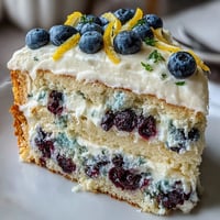 1. Zitronen-Heidelbeer-Schichtkuchen mit cremiger Frischkäseglasur und frischen Beeren für den Frühling.  