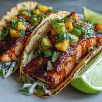 Saftige gegrillte Lachs-Tacos mit fruchtiger Mangosalsa und knackigem Rotkohl, perfekt für ein leichtes Sommeressen.