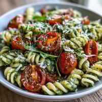 Sommer-Nudelsalat mit Pesto und Kirschtomaten auf einem Holzteller, garniert mit Parmesan und Zitronenzesten.