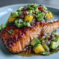 Gebackener Lachs mit Mango-Avocado-Salsa auf weißem Teller mit Limettenspalten
