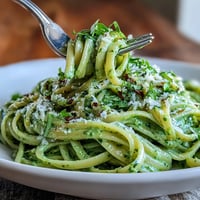 Cremige Avocado-Pesto-Pasta mit frischem Basilikum und Pinienkernen auf dem Teller serviert.